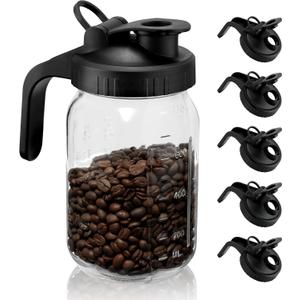 Wide Mouth Mason Jar Lids with Handle 6 Pack Black, Plastic Mason Jar Pour Spout Lid, Reusable Flip Cap Lid, Canning Lids with Leak-proof Airtight Seal (Jar Not Included)