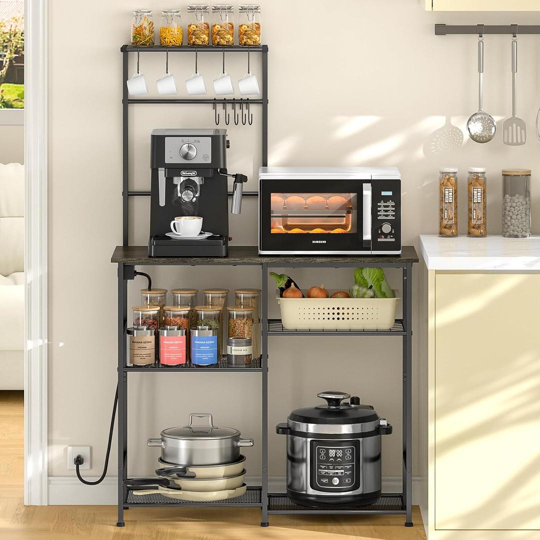 Bakers Rack with Power Outlet, Kitchen Microwave Stand with 10 S-Shaped Hooks, 6-Tier Coffee Bar Station, Kitchen Storage Shelf Rack for Spices, Pots, Gray (Grey)