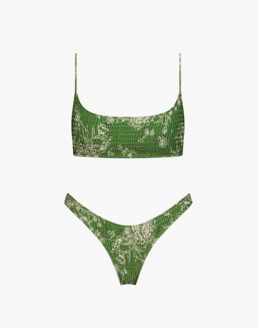 VOLAFA Women's Triangle Bikini Set Smocked Textured Scoop Frilled Print Ruched Elastic Swimsuit Two Piece Bathing Suit M