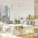 White Metal Poles Canopy Bed Frame with Four Plastic Removable Fixing Foot Plate, Four Corner Bed Brackets Fit for Bed Frames for Bedroom Decor Upgrade - King Size (Not Wobbly)