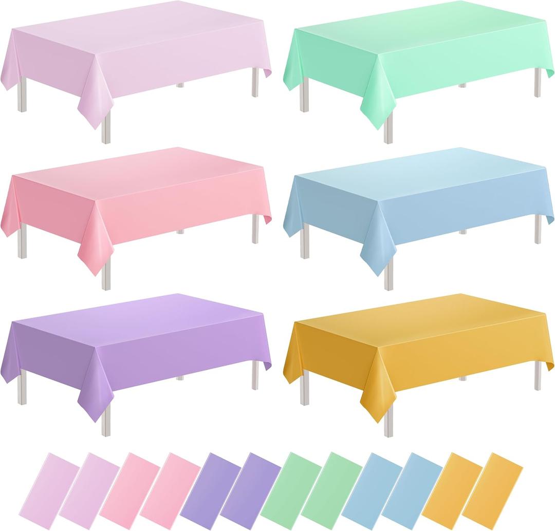 12 Pcs Plastic Pastel Color Tablecloths, 54x108 inch Rectangle Pastel Rainbow Waterproof Disposable Table Covers for Baby Shower Wedding Birthday Party Decoration