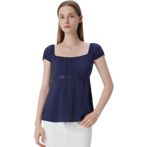 SUUKSESS Women Polka Dot Babydoll Tops Square Neck Summer Cute Peplum Shirts Cap Sleeve Going Out Tops (Large, Navy Blue)