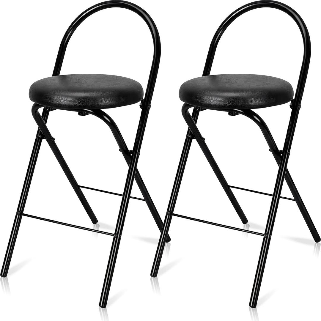CroBlissful 2 Pcs 24 Inch Folding Bar Stool with Backrest, Leather Padded Folding Stools for Adults up to 350lbs, Collapsible Round Counter Height Stool Chair for Camping Kitchen Shop Cafe (Black)