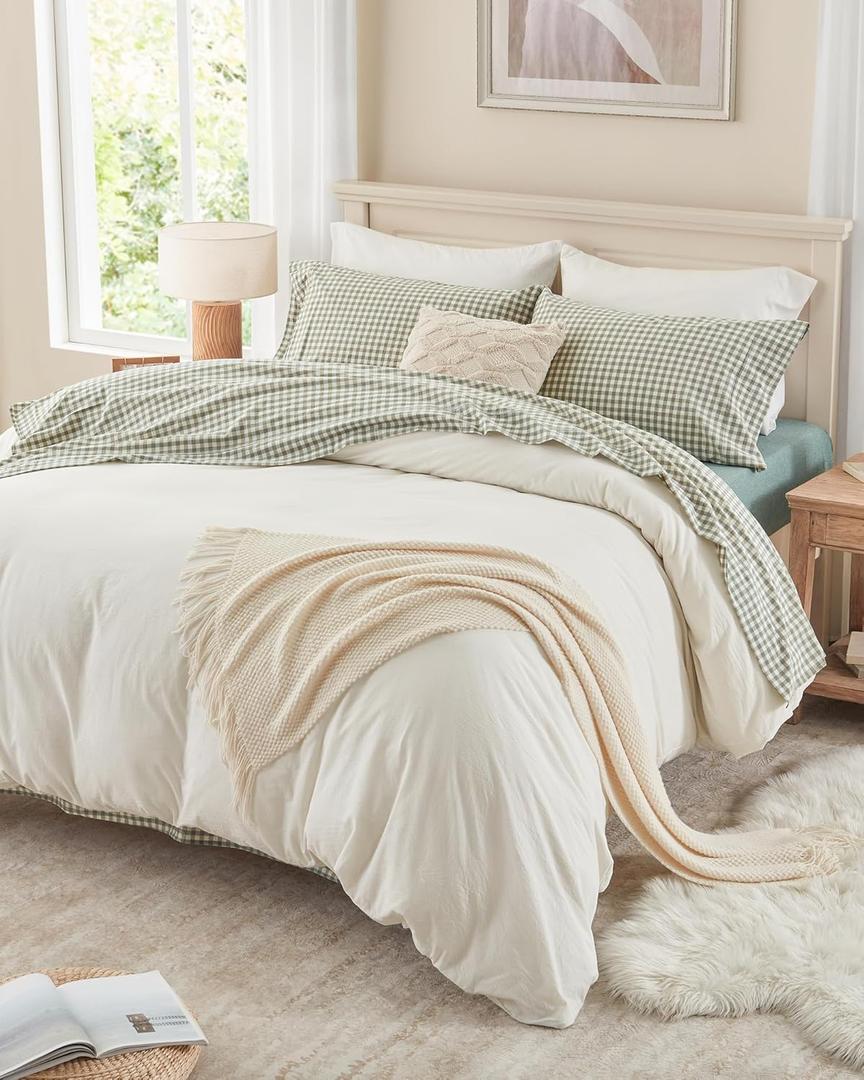 PURE ERA King Sheet Set 100% Washed Cotton Gingham Bed Sheets King Size,4 Pieces Set, Soft,Breathable, Durable,Linen Feel - 15" Deep Pocket - Checked Sage Green