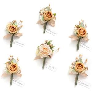 Ling's moment Boutonniere for Men, 6pcs Groom Groomsmen Boutonniere, Artificial Flowers for Wedding Decor/Prom/Homecoming, etc.Yellow Apricot Peach