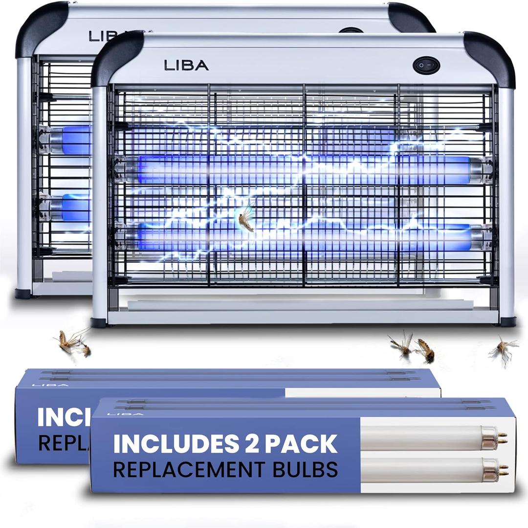 LiBa Electric Bug Zapper (2-Pack) Indoor Insect Killer - (4) Extra Replacement Bulbs - Fly, Mosquito Killer and Repellent - Lightweight, Powerful 2800V Grid, Easy-to-Clean, Removable Washable Tray