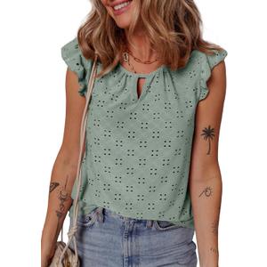 EVALESS Womens Summer Sleeveless Tank Tops Crewneck Ruffle Sleeve Eyelet Shirts Blouses (Small, Smoke Green)