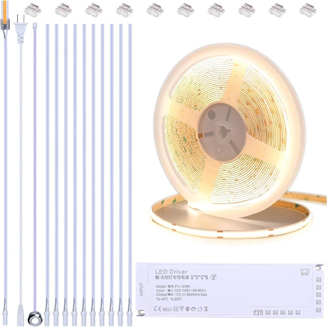 BENLUN 12V COB LED Under Cabinet Strip Lighting Kit 32.8ft, 4000K Natural White Cuttable LED Tape Lights 8W/M CRI 93 320LEDs/M with Dimmer and Power Supply for Kitchen Bookcase Shelf Display