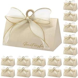 GLGHMH Wedding Candy Boxes, Beige Wedding Favor Boxes Chocolate Treat Gift Boxes,with Wooden Beads and Ribbon,for Wedding Bridal Shower Baptism Baby Shower Birthday Party Decoration Supplies(20pcs,S)