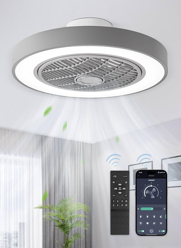 LEDIARY 20 Inch Low Profile Ceiling Fan with Light, Led Bladeless Ceiling Fans, Remote Control Enclosed Flush Mount Ceiling Fan with Timing, 3000-6000K, 6 Wind Speed, 3000LM, 57W-Grey