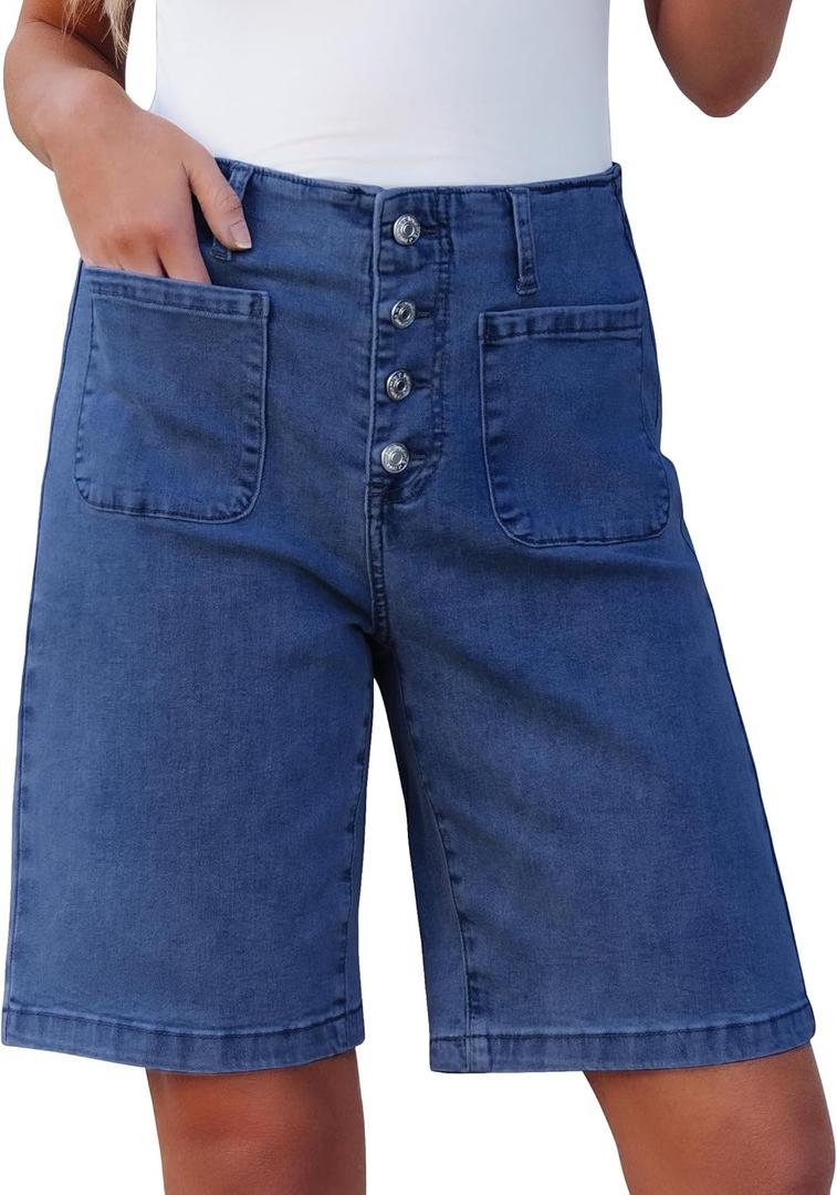 luvamia Bermuda Shorts for Women Jean High Waisted Trendy Patch Pockets Casual Summer Button Fly Stretchy Denim Shorts (Medium, Classic Blue)