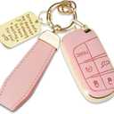 Soft TPU & Leather Key Fob Cover Compatible with Jeep Cherokee Compass Renegade Chrysler 200 300,Dodge Charger Journey Durango, with Keychain & Metal Blessing Tag (5 Button Pink)
