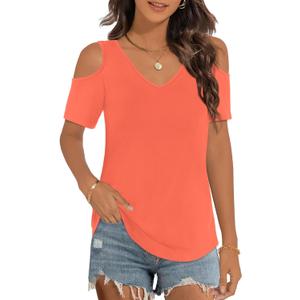 Elesomo Womens Short Sleeve Tshirts V Neck Cold Shoulder T-Shirt Summer Tee Tops, Coral M