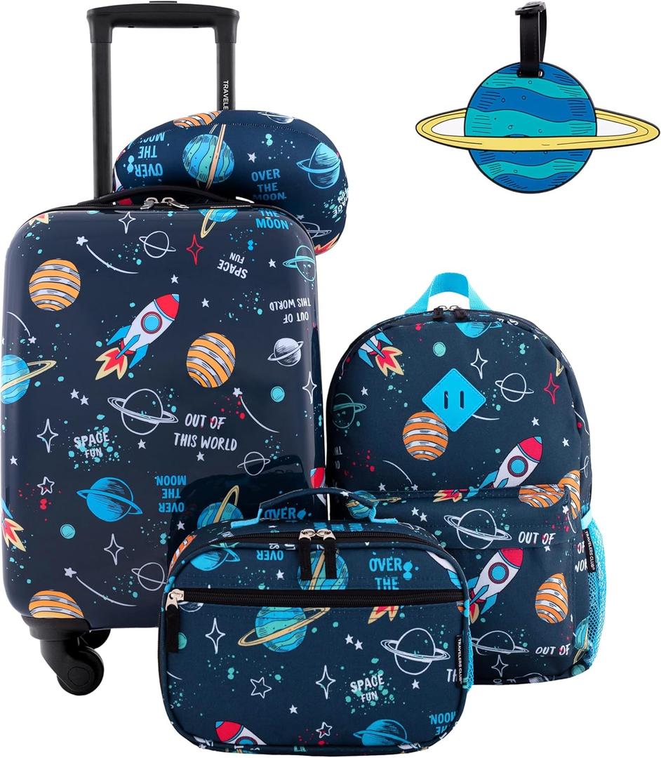 5 Piece Children's Travel Set: 18" Hardside Carry-on Luggage, 15" Backpack, 10" Lunch Bag, Neck Pillow, Luggage Tag
Bright and fun colors: Choose from a variety of vibrant colors to suit your child's personality and make it easy to spot their luggage
