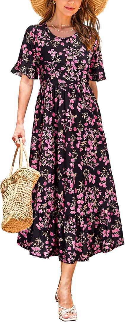 STYLEWORD Women's Summer 2026 Casual Short Sleeve Tiered Flowy Spring Dress Long Midi Beach Sundress Vacation Outfits, Black Pink Floral, Size M