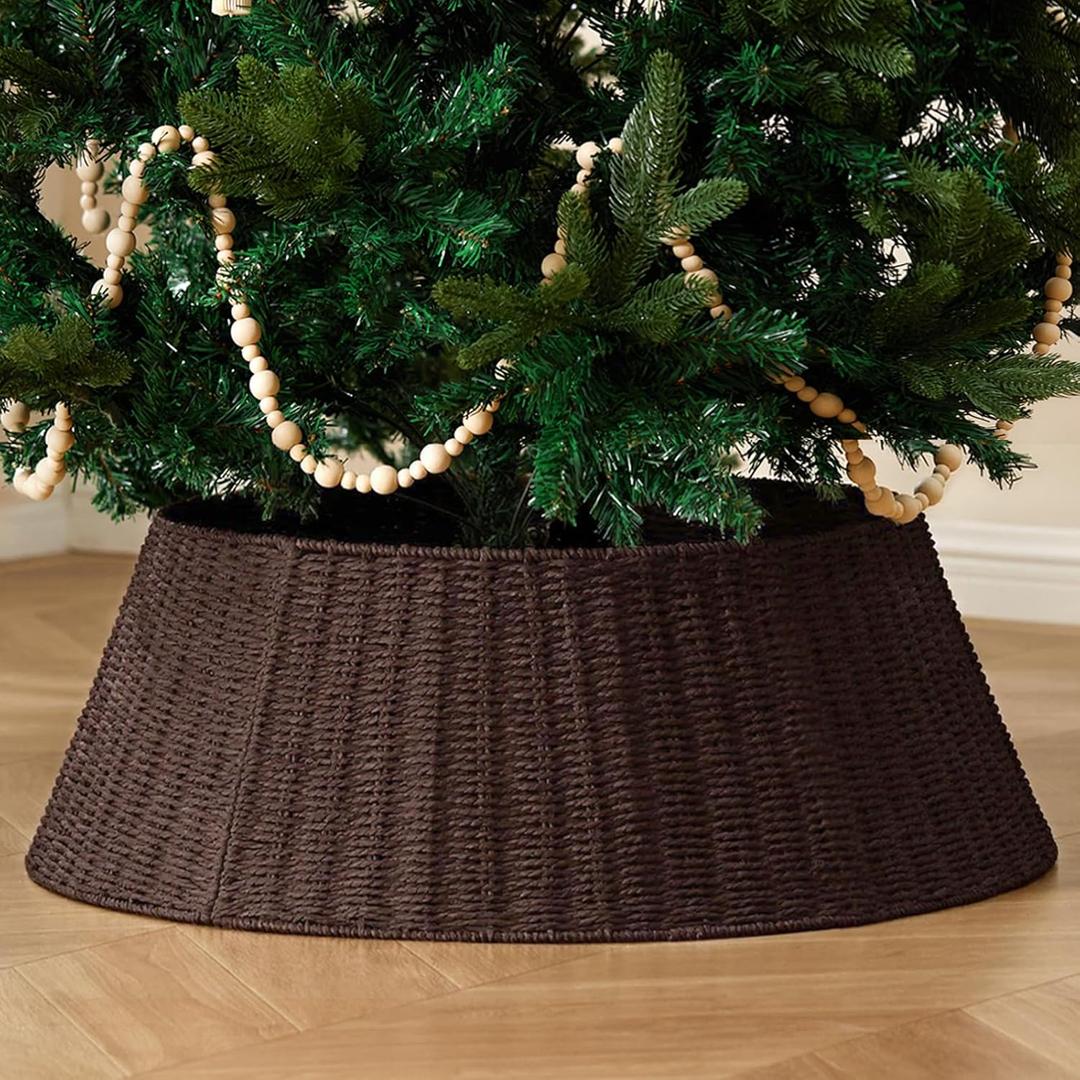 Rustic Farmhouse Christmas Tree Collar - 28Inch Woven Wicker Tree Base Stand Cover for Artificial Trees - Holiday Decoration Ring Skirt Basket for 6ft 7.5ft 9ft Tree, Natural & Stable(Brown)