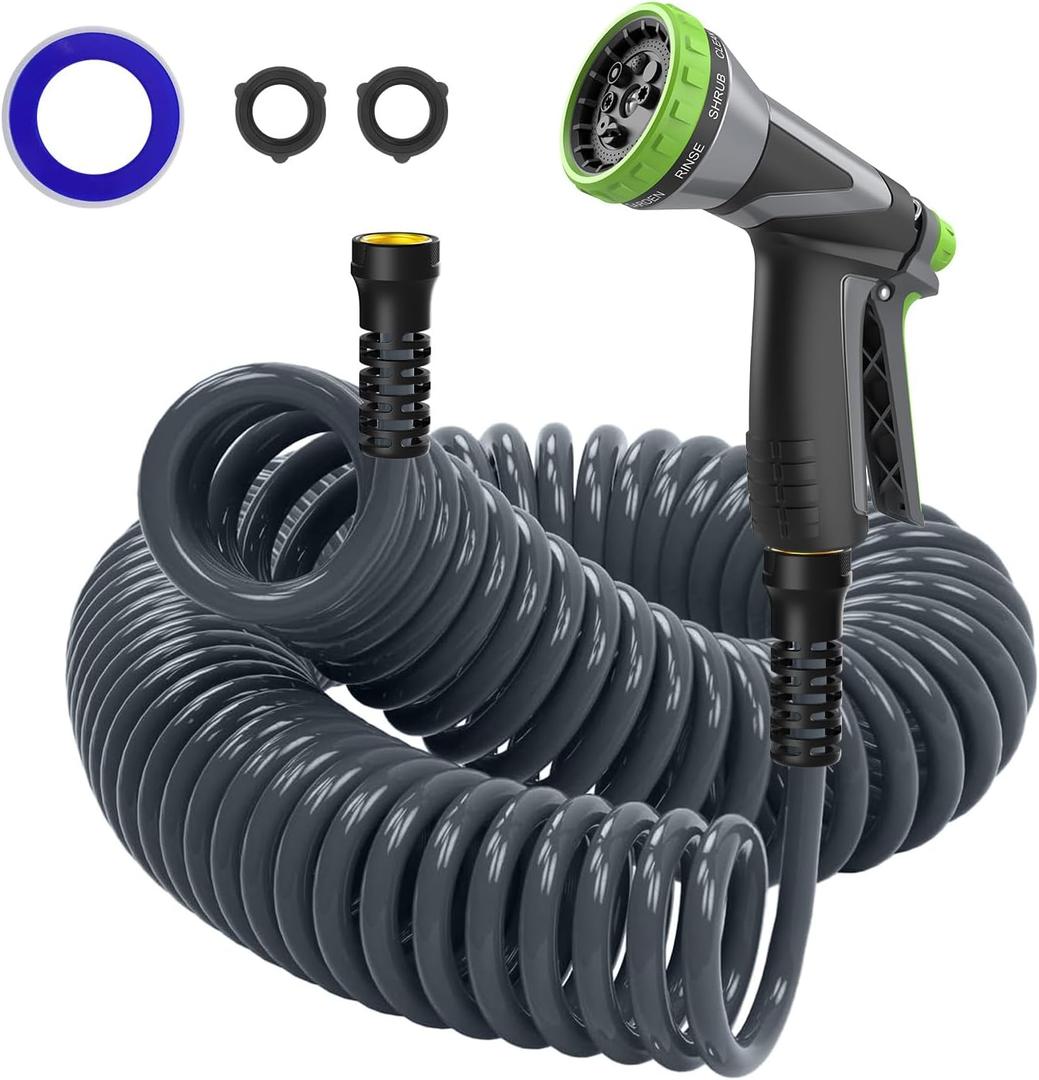 Coil Hose,3/8" EVA Coil Garden Hose 25 FT,Curly Water Hose Lightweight with Metal Connectors and Swivel Handle,Retractable Garden Hose Includes 8-Pattern Spray Nozzle for Boat, Yard, Patio