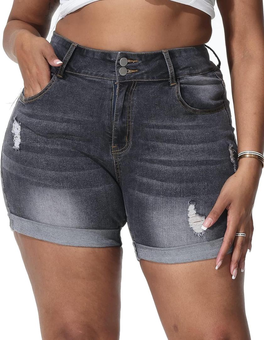 Gocolloa Womens Plus Size Jean Shorts Stretchy High Waisted Distressed Fold Hem Denim Shorts Gray 26W