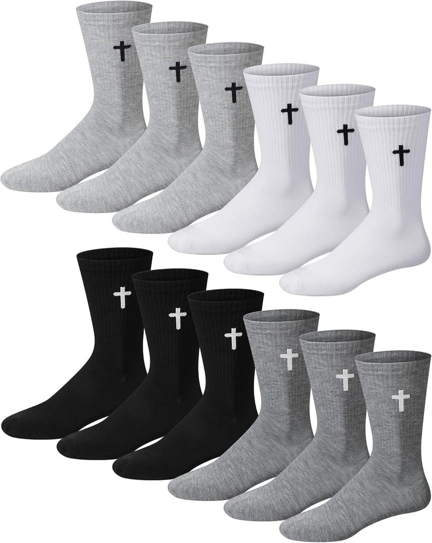 Shihanee 12 Pairs Cross Socks for Men Religious Christian Pastor Elastic Crew Socks Christian Gifts for Men (Black, White)