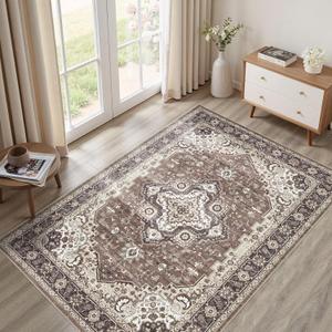 DEXIDUO Washable Area Rug 5x7: Vintage Non-Slip Stain Resistant for Living Room, Soft Large Carpet for Bedroom Dining Room Home Office(Brown and Cream)