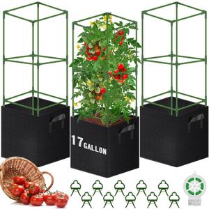WLLEYAY 3 Pack 46'' Square Tomato Cages with 17 Gallon Grow Bags | Upgraded Heavy Duty Steel Garden Plant Support Stakes Kit, Flowers Vegetable Trellis for Vertical Climbing Plants Vines