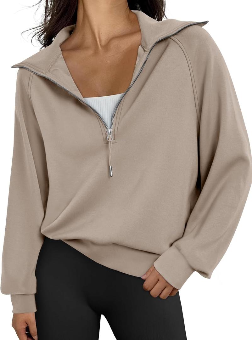 Trendy Queen Womens Oversized Sweatshirts Half Zip Pullover Long Sleeve Quarter Zip Hoodies Teen Girls Fall Y2K Clothes (Small, Khaki)