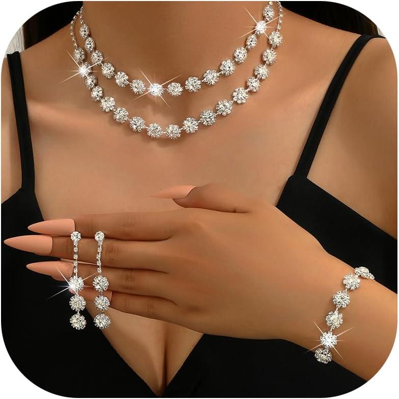 HUASAI Silver Wedding Jewelry Sets for Brides Rhinestone Necklace Earrings Bracelet Set Bridal Costume Jewelry for Women Formal Wedding Guest Dress Accessories Prom Party Outfits