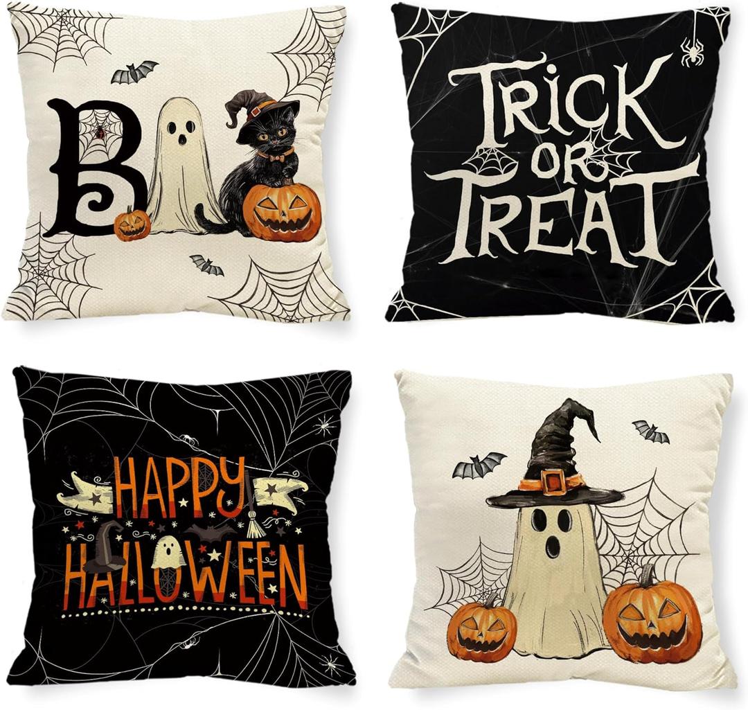 Happy Halloween Ghost Boo Pillow Covers Trick or Treat 18 x 18 Inch Throw Pillows, Black Cat Spooky Pumpkin Spider Web Decorative Farmhouse Seasonal Cushion Case for Sofa Couch Set of 4