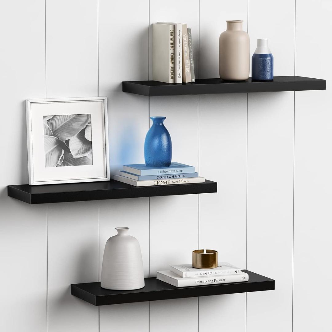 Forbena 24 Inch Long Black Floating Shelves for Wall, Large Wall Shelves for Living Room Decor Bedroom Books, Invisible Wall Mounted Shelves for Bathroom Office Closet TV Shoes - Set of 3, 23.6 Inch