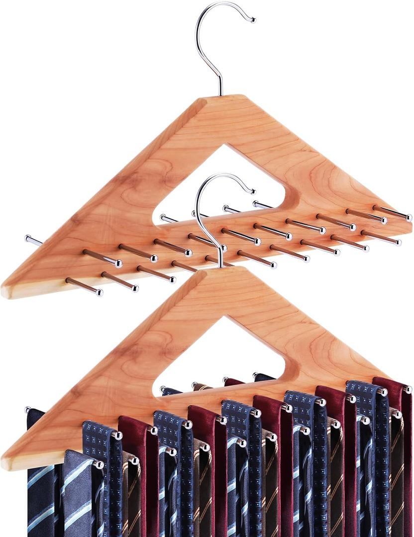 Leinuosen 2 Pack Cedar Tie Organizer Wooden Neck Tie Hook Organizer Storage up to 40 Ties Convenient Storage for Neckties, Belts, Hats