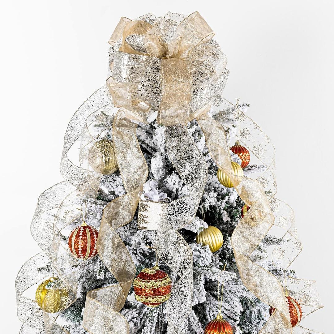 Champagne Gold Glitter Christmas Tree Topper Bow 11 Inch with 6 Ribbon Tails 3 Yards Long Wired Ribbon for Holiday Easy Style Party Decoration