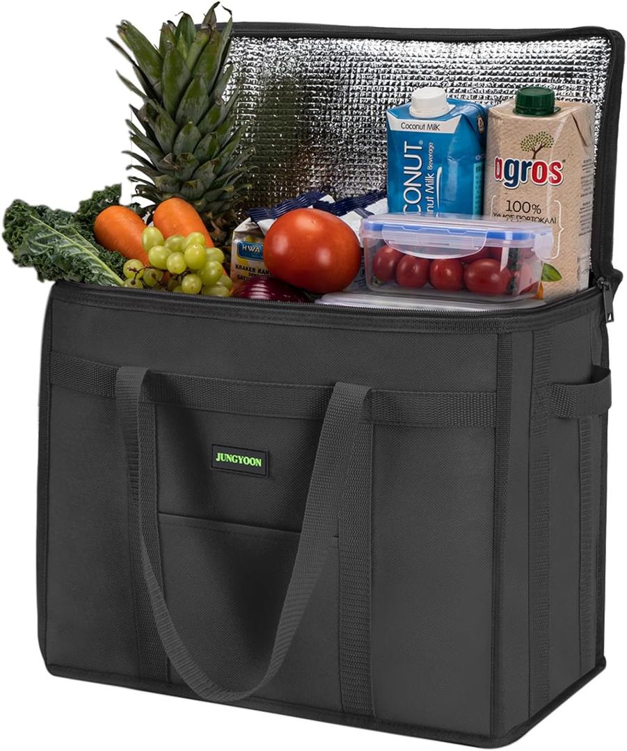 JUNGYOON Heavy-Duty Insulated Grocery Bags & Insulated Bag  Collapsible Cooler Bag with Zippered Top | Reusable Shopping Bags for Groceries, Picnics, Beach (XL Black)