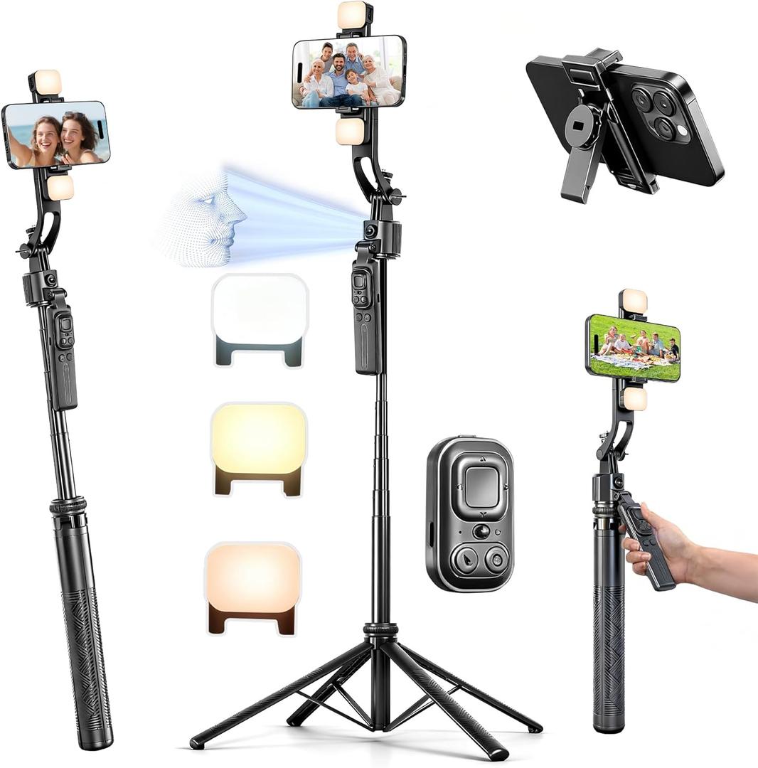 Auto Face Tracking Selfie Stick Tripod for iPhone with Light 360 Rotation That Follows Your Movement 63" Camera Tripod Stand with Remote for Content Creator Vlog Live Stream Video Recording