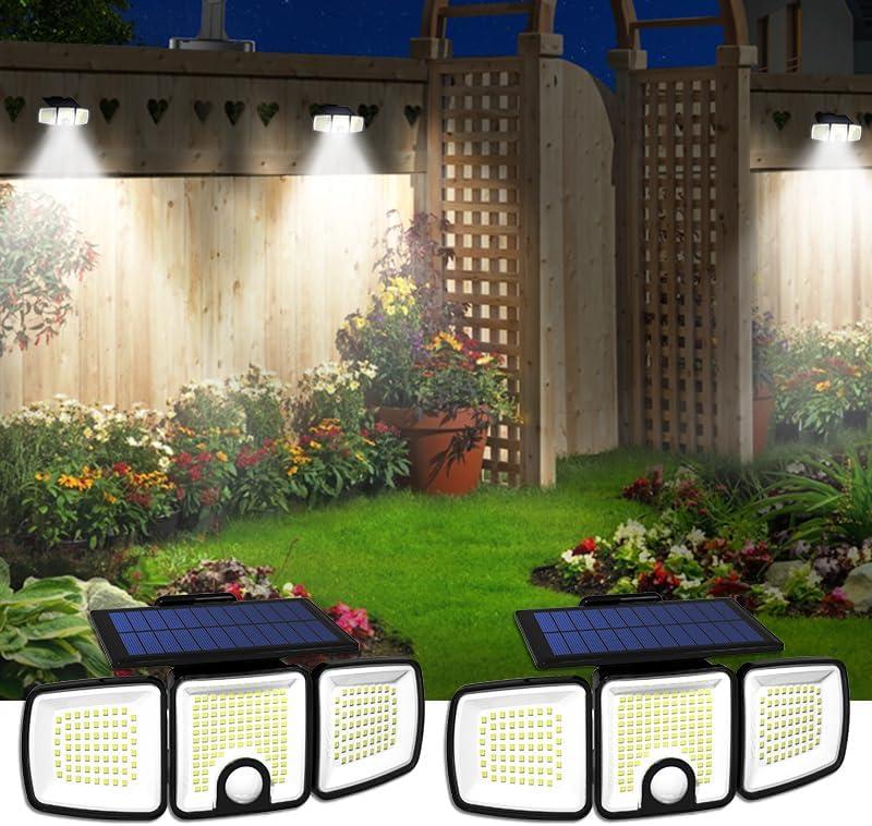 Solar Lights Outdoor with Motion Sensor, 223 LED Security Light Outdoor, IP65 Waterproof LED Floodlight, 3 Adjustable Heads 90-360 Wide Angle Wall Light for Yard Garage Porch Garden (2 Packs)