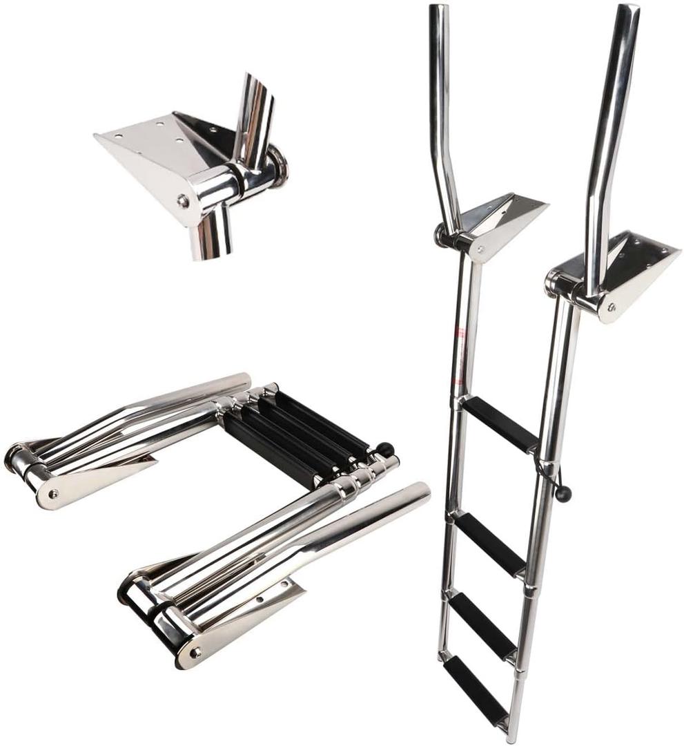 Stainless Steel in-Board 4 Steps Telescoping Ladder Folding Dock Ladder for Marine Boat Yacht Swimming Pool 600lbs Capacity with L Handrails
