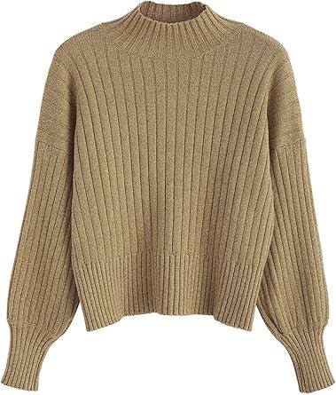 ZAFUL Women's Mock Neck Sweater Long Sleeve Ribbed Knit Basic Cropped Pullover Sweater (4-Khaki)