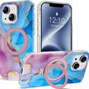 Compatible with iPhone 14 Plus Case Marble Pattern with Magnetic Ring Stand [Compatible with Mag-Safe] TPU Protective Phone Case for iPhone 14 Plus 6.7" for Women, Marble Purple Blue