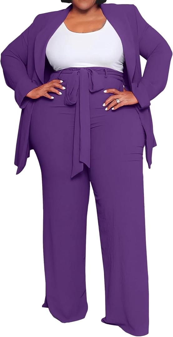 IyMoo Plus Size Suits for Women Business Open Front Long Sleeve Blazer Elastic Waist Solid Straight Leg Pant Set Suits (3X-Large Plus, Purple)