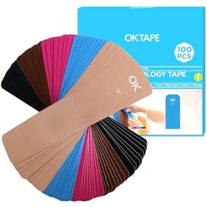 OK TAPE 100Pcs Precut Kinesiology Tape Strips, Elastic Athletic Tape for Joints Support & Muscle Pain Relief, Waterproof, Kinetic Tape for Shoulder, Knee, Ankle (5 Colors, 2 inch x 10 inch)