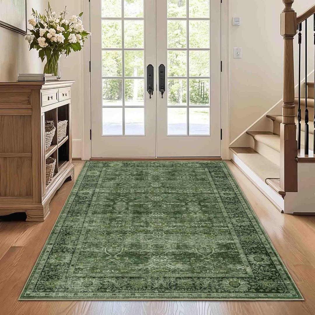Washable Area Rug for Living Room Bedroom Dining Room Non-Slip Low Pile Boho Vintage Distressed Entryway Rug Traditional Floral Retro Accent Throw Carpet for Dining Room Bathroom Kitchen Green 3x5 