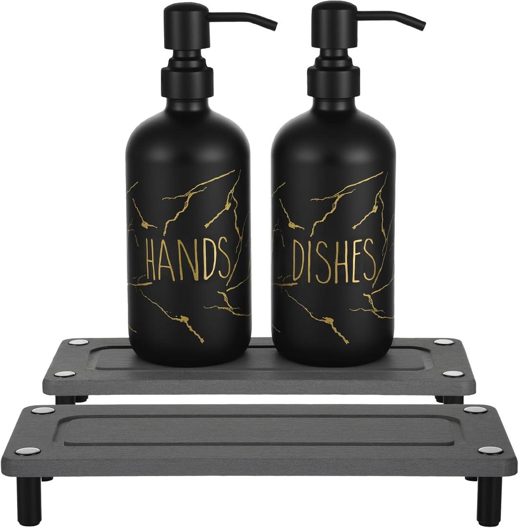 Kitchen Soap Dispenser Set, 16oz Hand and Dish Soap Dispenser Set with 2 Instant Dry Trays, Stainless Steel Pump, Refillable Glass Bottle for Kitchen and Bathroom Countertop (Black)