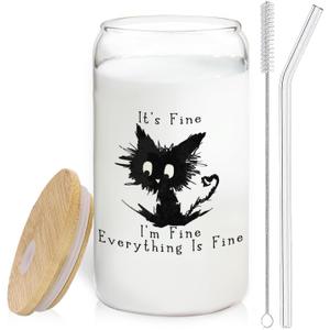 It's Fine I'm Fine Glass Cup Funny Sarcastic Cat Glass Coffee Cup With Lids And Straws 14oz,Cat Lover Gifts