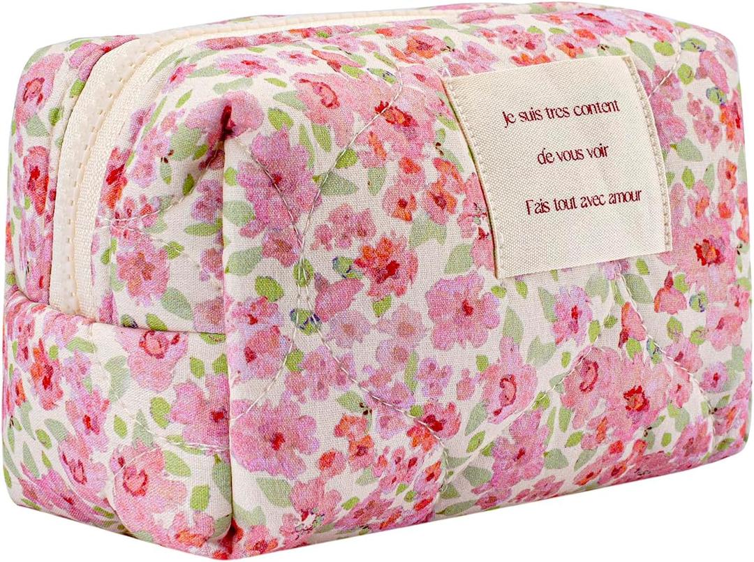 uekeboag Small Floral Quilted Cotton Makeup Pouch for Women and girls,Coquette Quilted Toiletry Bag,Cute Aesthetic Mini Bag, Kawaii Travel Cosmetic Bags(A-Pink Little Flower)