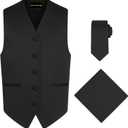 Oliver George 3pc Men's Solid Formal Suit Vest Waistcoat Tuxedo Dress Vest Necktie Handkerchief Set For Suit or Tuxedo M 