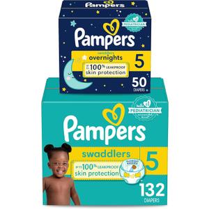 Pampers Disposable Diapers Size 5, Swaddlers 132 Count + Overnight (50 Count)