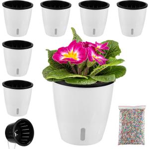 Planterhoma 5 Inch Self Watering Pots for Indoor Plants, 6 Packs African Violet Pots with Indicator, Black Wick Pot with Drainage Holes, Self Watering Planters for Orchid, Devil's Ivy, White (5 Inch/6 Pack, Glossy White)