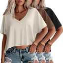 Huukeay 3 Pack Oversized T Shirts for Women Short Sleeve Crop Tops V Neck Irregular Hem Baggy Cropped Tees (Medium, Cream, Coffee, Black)