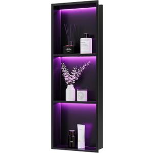 3-Tiers 12x36Inch Wall Niche with RGB LED Light Strips, Matte Black Shower Niche Shelf Cabinet, Stainless Steel Bathroom Shelf, NO Tile Needed Recessed Waterproof Storage Organizer