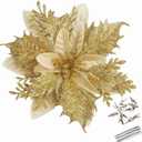 GREENTIME 12 Pcs Glitter Poinsettia 5.5" Artificial Flowers Christmas with Clips Stems Xmas Tree Ornaments for New Year Party Stairs Fireplace Porch Balcony Garden Church Wreath Decoration (Golden)