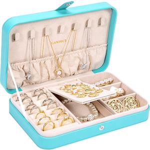 LANDICI Small Jewelry Box for Women Girls, PU Leather Travel Jewelry Organizer Case, Portable Jewellery Storage Holder Display for Ring Earrings Necklace Bracelet Bangle Watch Men Kids Gift, Lake Blue (8.26(L)x5.5(W)x1.7(H) inch)